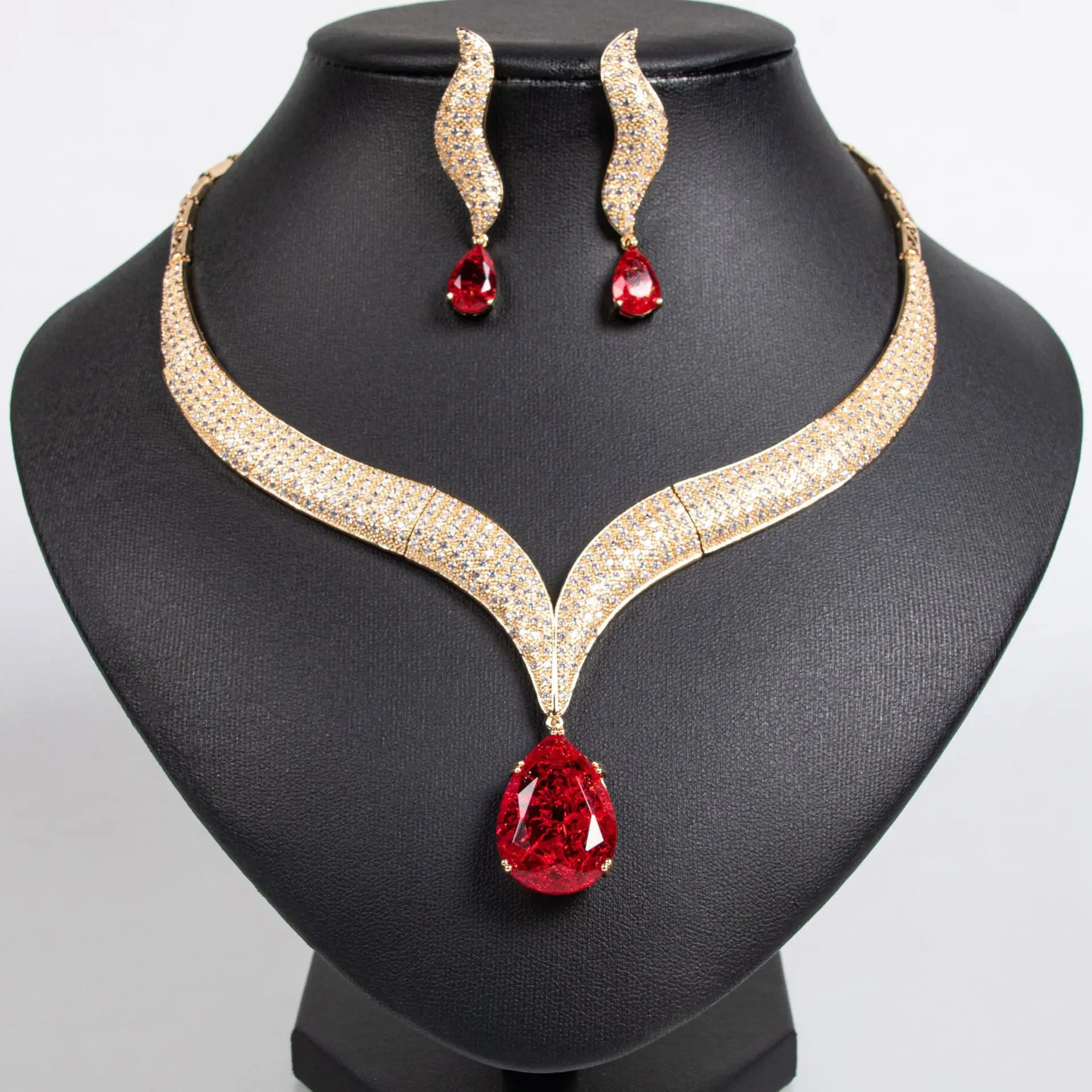 

Super Luxury Ruby Cubic Zirconia Bridal Wedding Party Costume Nigerian Dubai Jewelry Set for Brides Accessories