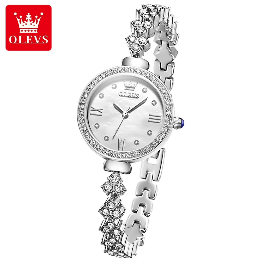 OLEVS Women's Watches Luxury Fashion Silver Stainless Steel Zircon Bezel Original Quartz Wristwatch Waterproof Trend Dress reloj