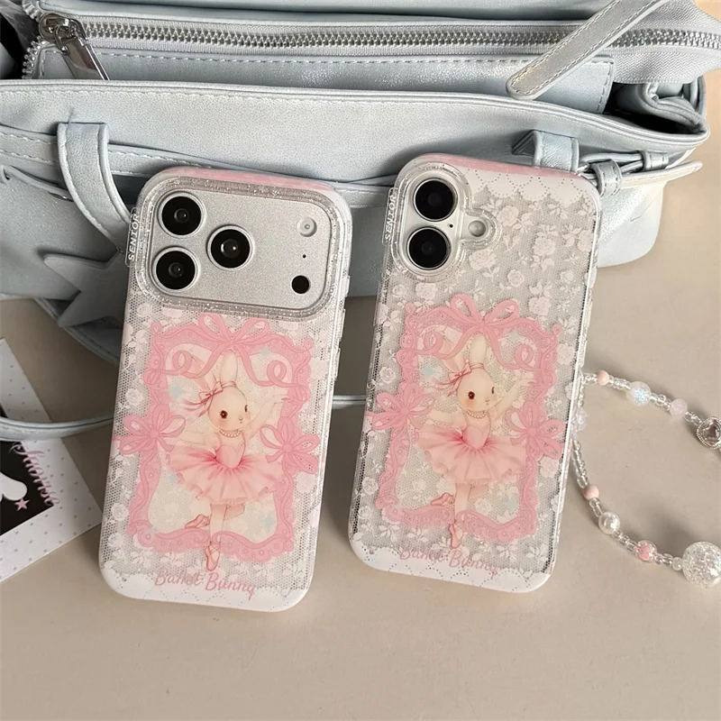 

For iPhone 17 16 15 Pro Max Case Cute Pink Ballet Bunny Lace Bow Clear Shockproof Soft TPU Cover Girls Rabbit Phone Cases Gift