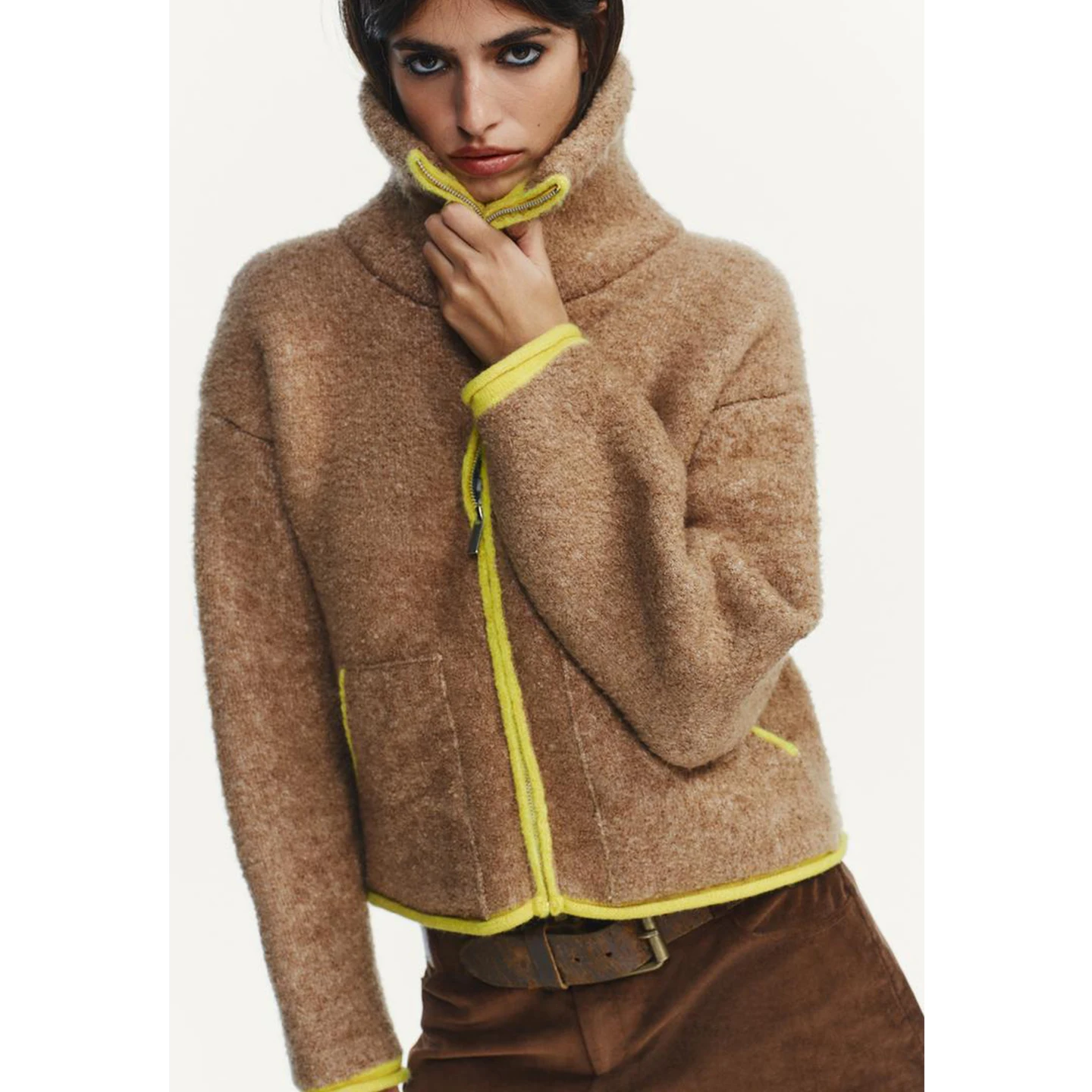 Autumn Winter Women's Casual High Collar Long Sve Color Blo Knitted Pilot Jaet Outerwear Stand Fit Zipper Closure P...