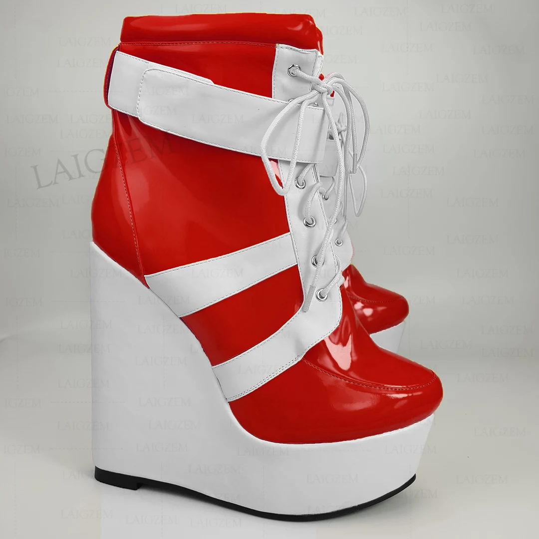 LAIGZEM Frauen Stiefeletten Patchwork Plattform Keile Cosplay Unisex Booties Damen Höhe Erhöhen Schuhe Frau Große Größe 44 46 52 5