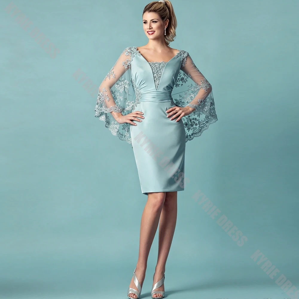 Modern Mother of The Bride Dress Customized V Neck with Lace Cape Sleeveless Satin Women Wedding Guest Dress Party Evening Gowns