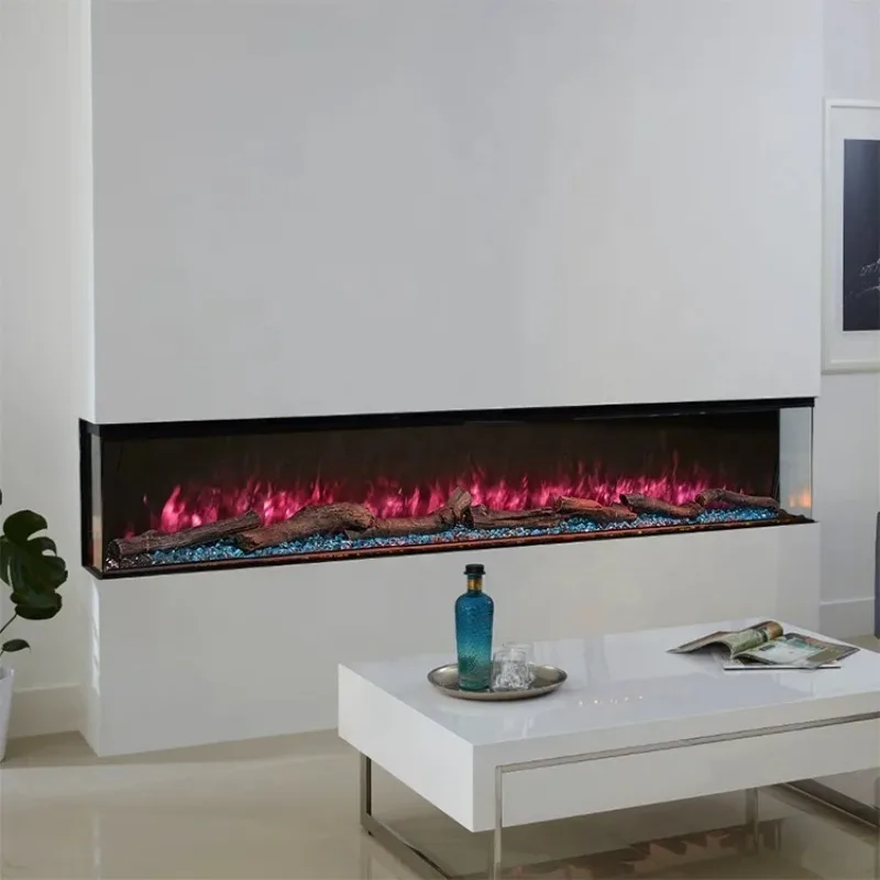 Modern 3 Sided Electric Fireplace Heater Artificial LED Flame Design Fireplace Insert Electric Fireplaces 80 Inch