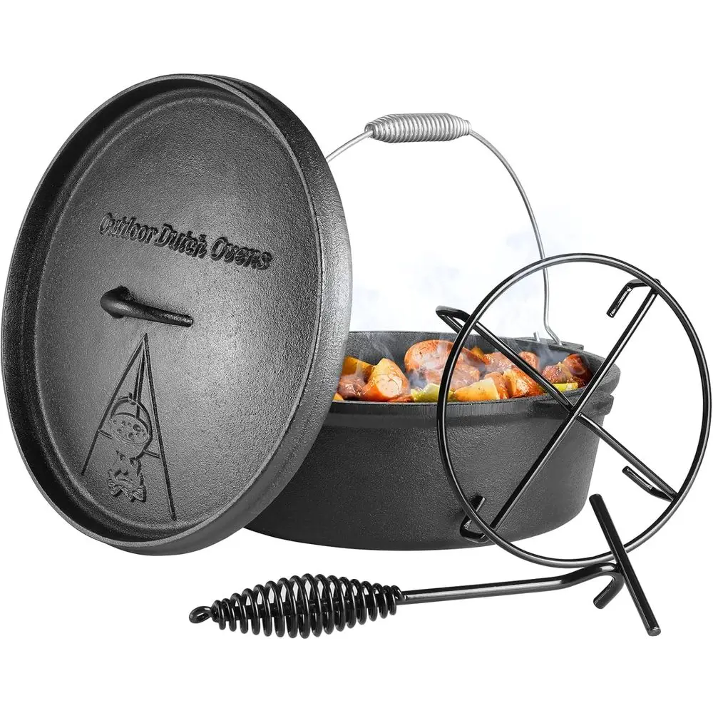 

12 Quart Cast Iron Dutch Oven with Lid, Stand & Spiral Handle, Suitable for Indoor and Outdoor Use, Black