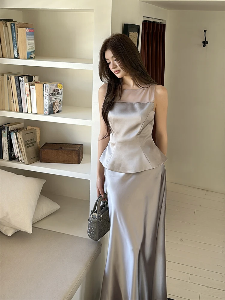 Women's Spring Summer Elegant Two Pieces Satin Skirt Set Lady O Neck Sleeveless Slim Tank Top + Long Mermaid Skirt view 2