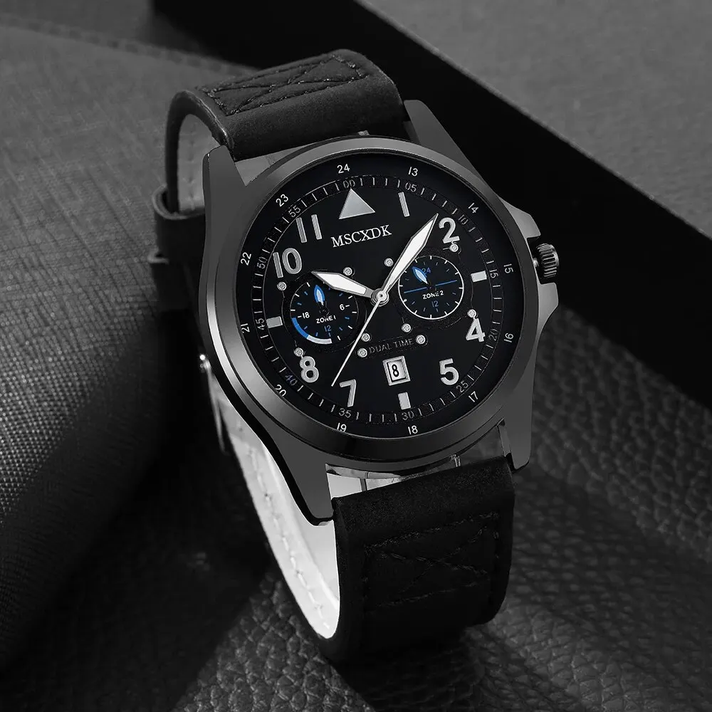 Mens Fashion Watches Business Wallet Set Big Dial Date Quartz Wrist Watch Male Casual Black Leather Watch Reloj Hombre