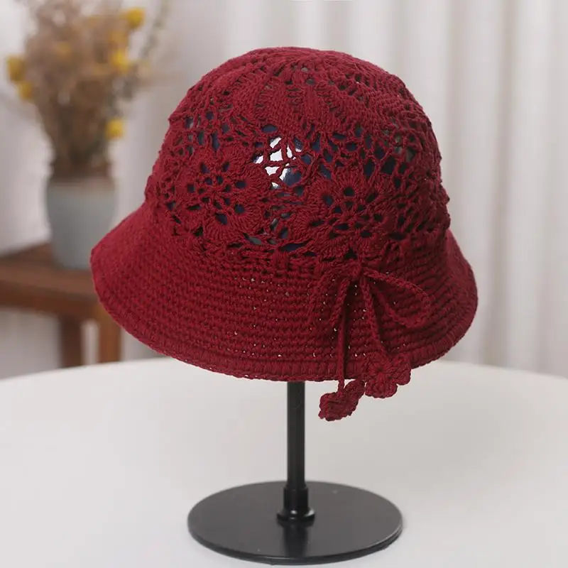 Handmade Braided Hat Women\'s Spring and Summer Japanese Bow Hollow Flower Bucket Hat Adjustable Knitted Woolen Cap