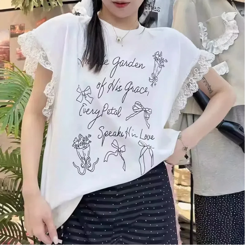 

2024 Summer New Fashionable Short Sleeve Round Neck Graffiti Bow Printed Lace Flying Sleeve Casual T-shirt