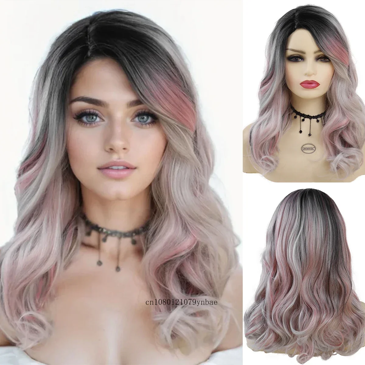 

Synthetic Hair Pink Mix White Cosplay Wig for Women Girls 17 Inch Medium Long Curly Wavy Wigs Halloween Party Heat Resistant