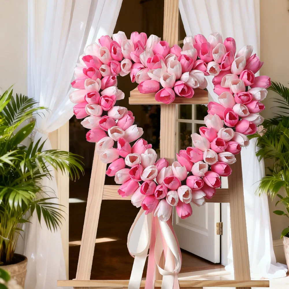 

YeeNanee Romantic Heart Shaped Wreath for Valentines Day Gifts Artificial Tulip Flowers Pink Wreaths Wedding Anniversary Decor