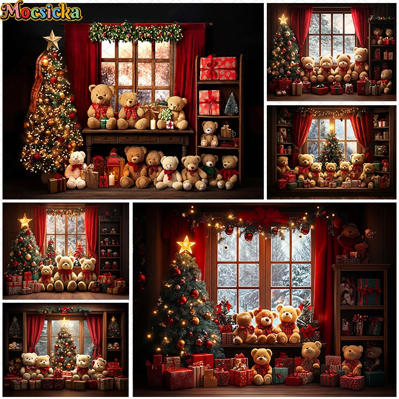 

Mocsicka Christmas Window Backdrop Photography Glitter Xmas Tree Bear Decor Cake Smash Kids Portrait Photo Background Studio