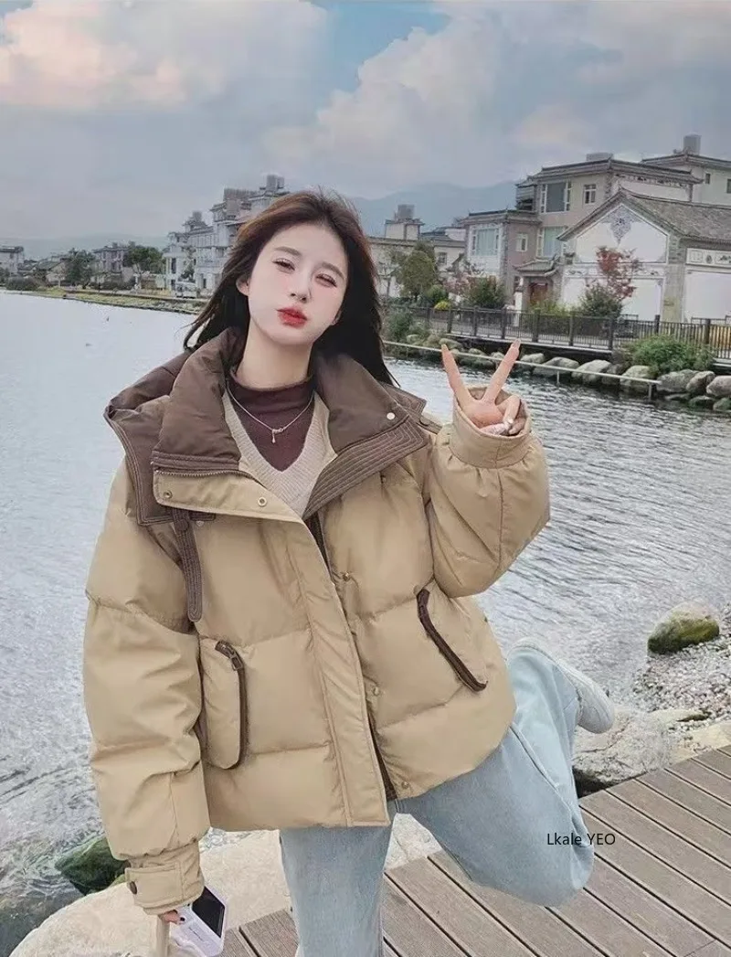 Down Cotton Jacket 2026 Versatile Contrast Color Women's Winter Parka Ladies Coat Beautiful Loose Corduroy Female Jacket