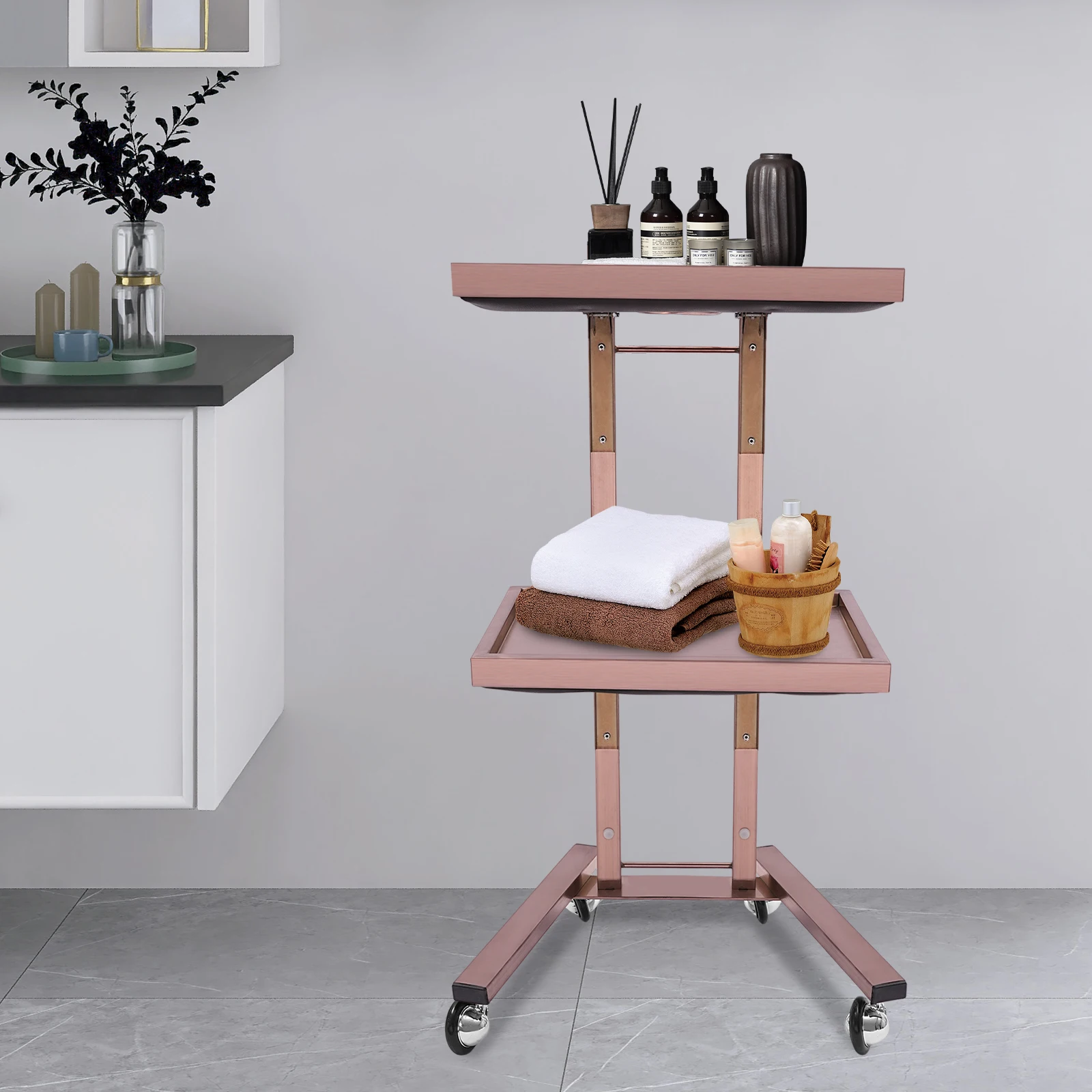 

2 Tiers Stylish Beauty Hairdressing Trolley Rose-gold Color Salon Trolley Stainless Steel Rolling Cart w/ Trays & 4 Wheels