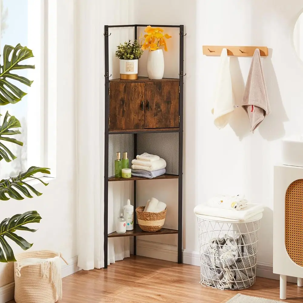 

4 Tier Corner Cabinet, 59" Tall Standing Organizer with 4 Dual-Hooks, Rustic Brown Storage Rack, Narrow Bookshelf Display
