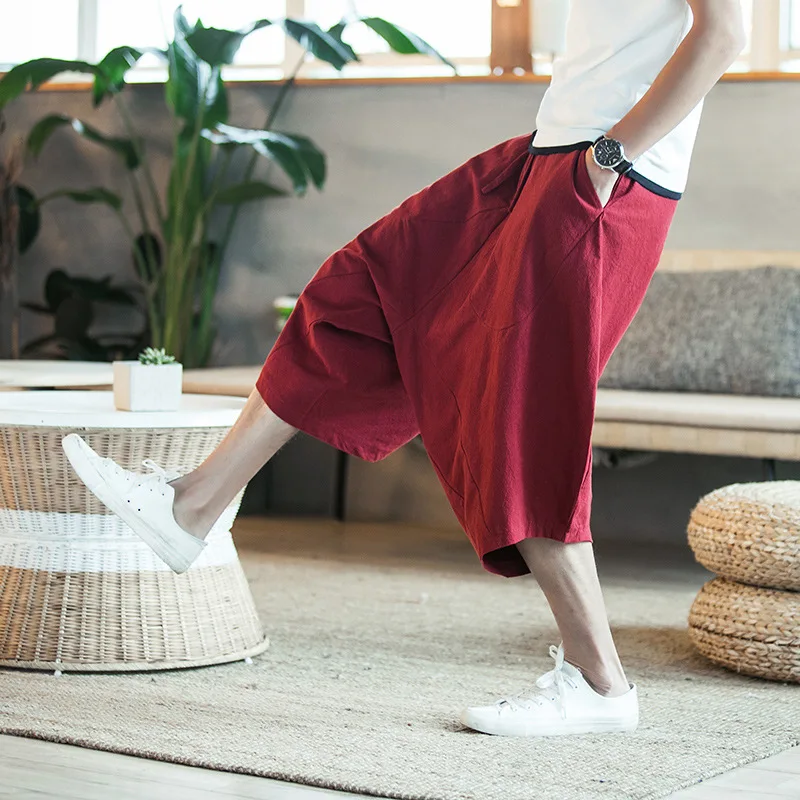 

Summer Men Cotton Chinese Traditional Print Trousers Male Loose Casual Color Matching Long Pants Wide-legged Pants