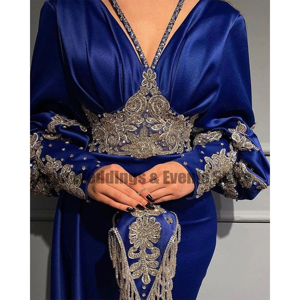 Azul escuro vestidos de noite sexy feminino renda applique cetim plissado sereia de mangas compridas vestidos de baile de princesa robe de 2023 ف