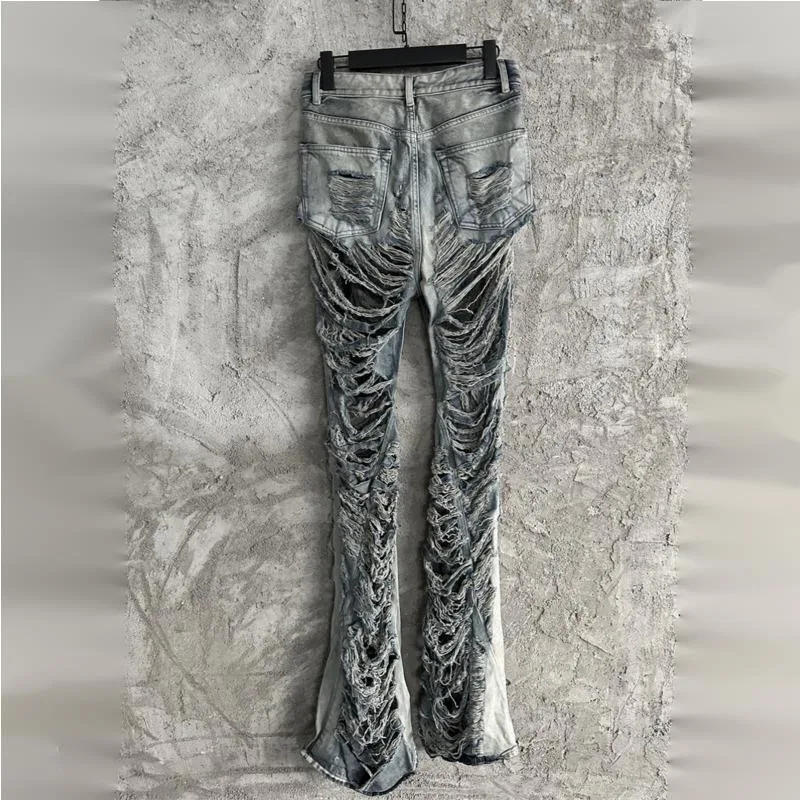 Hksh primavera novo homem maré pontos duplos buracos rasgados angustiados perna larga calças jeans vintage bainha desfiada queimado cintura alta hk10421