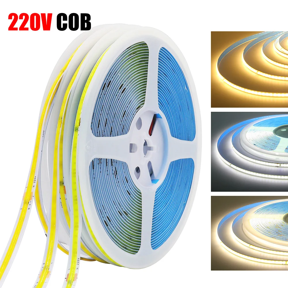 

220V 5m 10m COB LED Strip Light 240 LEDs Flexible Lamp High Density Linear Lighting RA90 Soft Tape 8mm PCB Warm Natural White