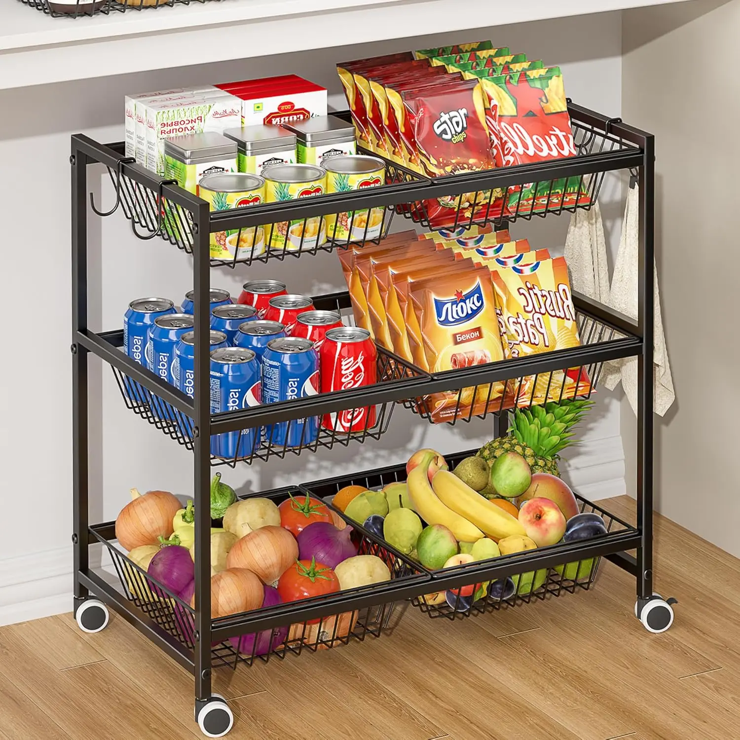 

3-Tier Rolling Pantry Floor Organizer Cart with 6 Detachable Baskets, Metal Wire Fruit Basket Stand with Wheels, Kitchen