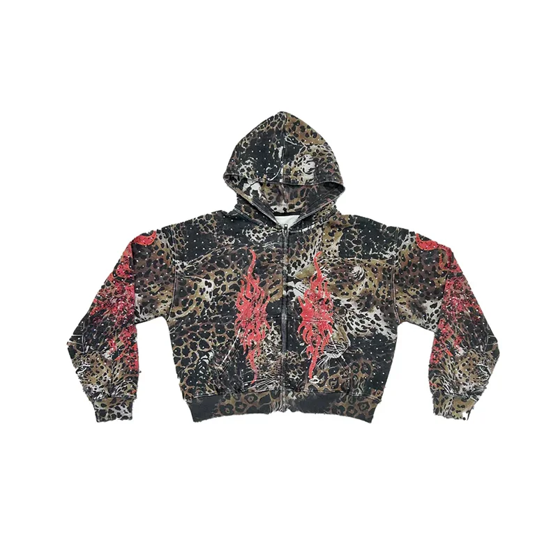Y2K Vintage Distressed Hoodie Leopard Camouflage Red Flame Graphic Oversized Zip Up Hoodie Men Women Fashion Loose Streetwear