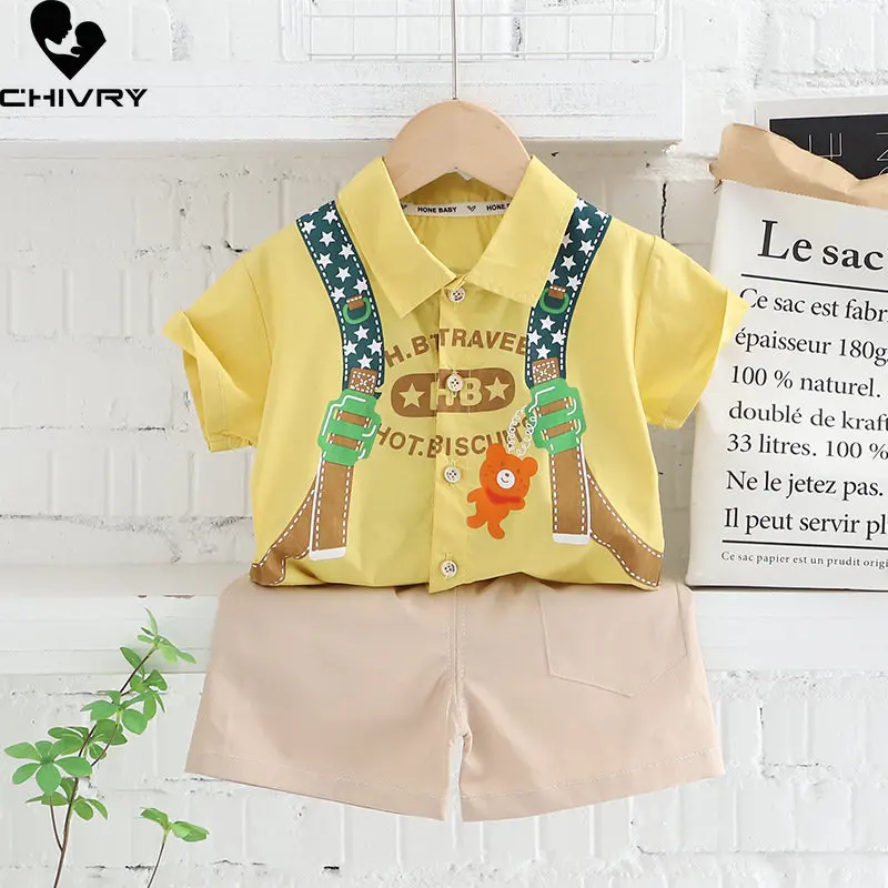 Nuovo 2023 ragazzi estate manica corta risvolto cartone animato orso stampa camicia top con pantaloncini abbigliamento bambini neonato vestiti di moda set