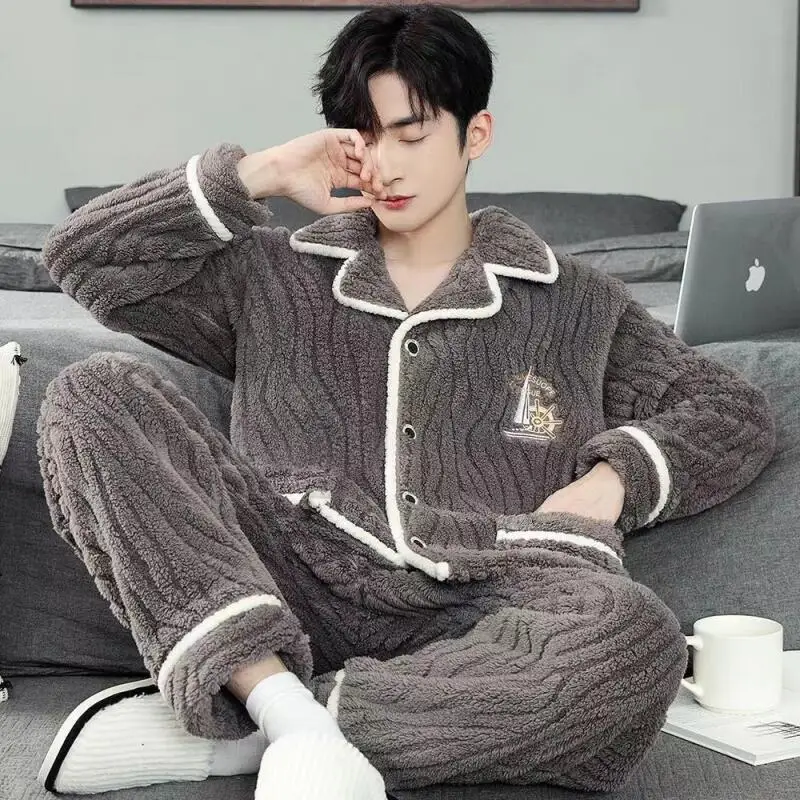 

Man Winter Clothing Pajamas Men Clothing Y2K Flannel Autumn Sportswear Youth Casual Wear Bath Clothes 2Pcs/set Homewear Thicken