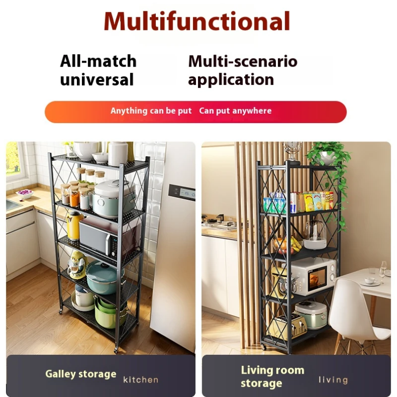 Mobile Folding Storage Rack Kitchen Installation Free High Load Bearing Multi Storage Heavy Duty Metal Painted Grocery Rack