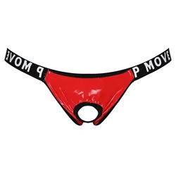 Mens T-Back Sexy Thongs Latex Underwear Lingerie Letter Print Hollow Out Patent Leather Briefs Panties Bulge Pouch Jockstraps