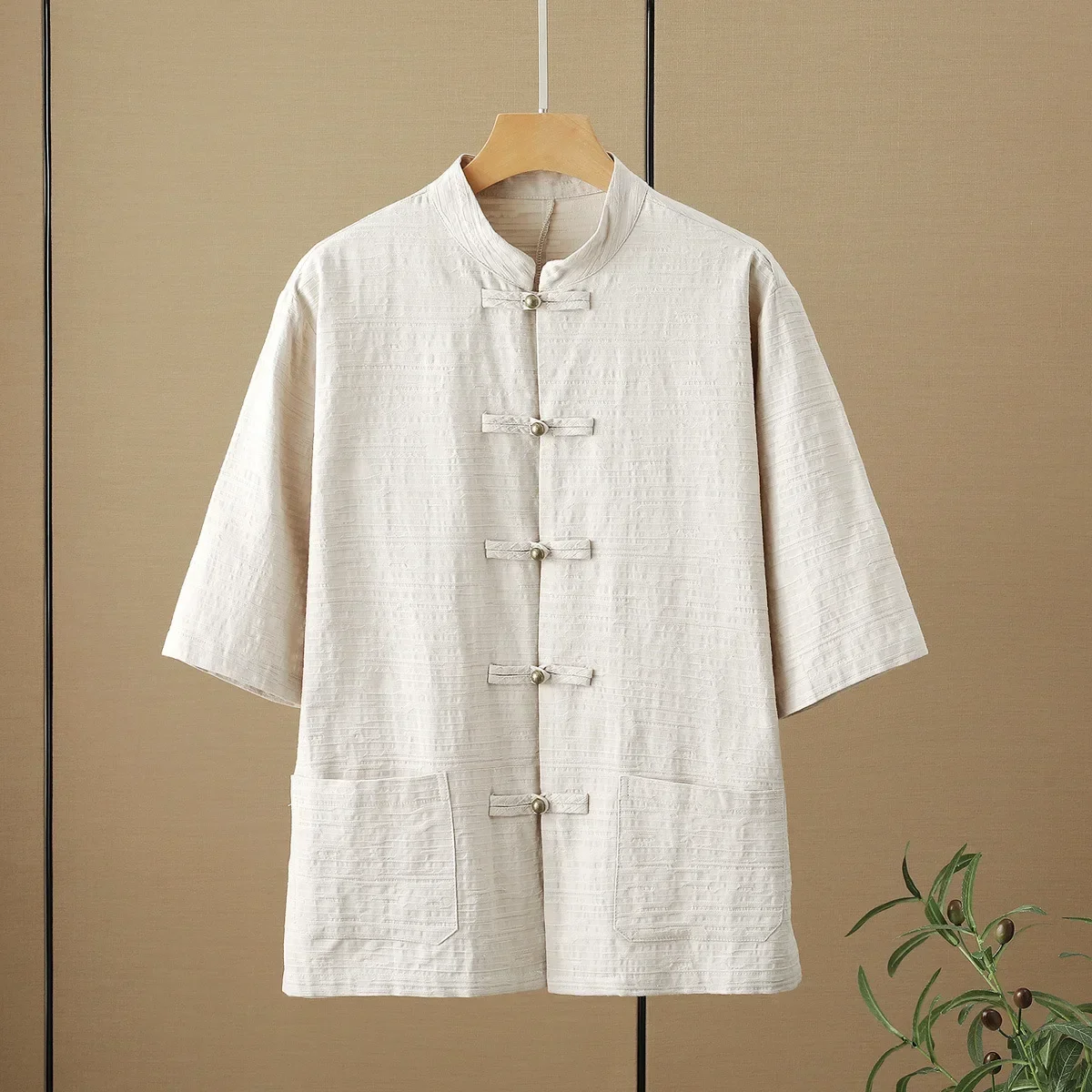 

2025 New 2025 Chinese Style Cotton Linen Short Sleeve Shirt Embroidered Fabric Men's Tang Costume Shirt Casual Summer Fashion