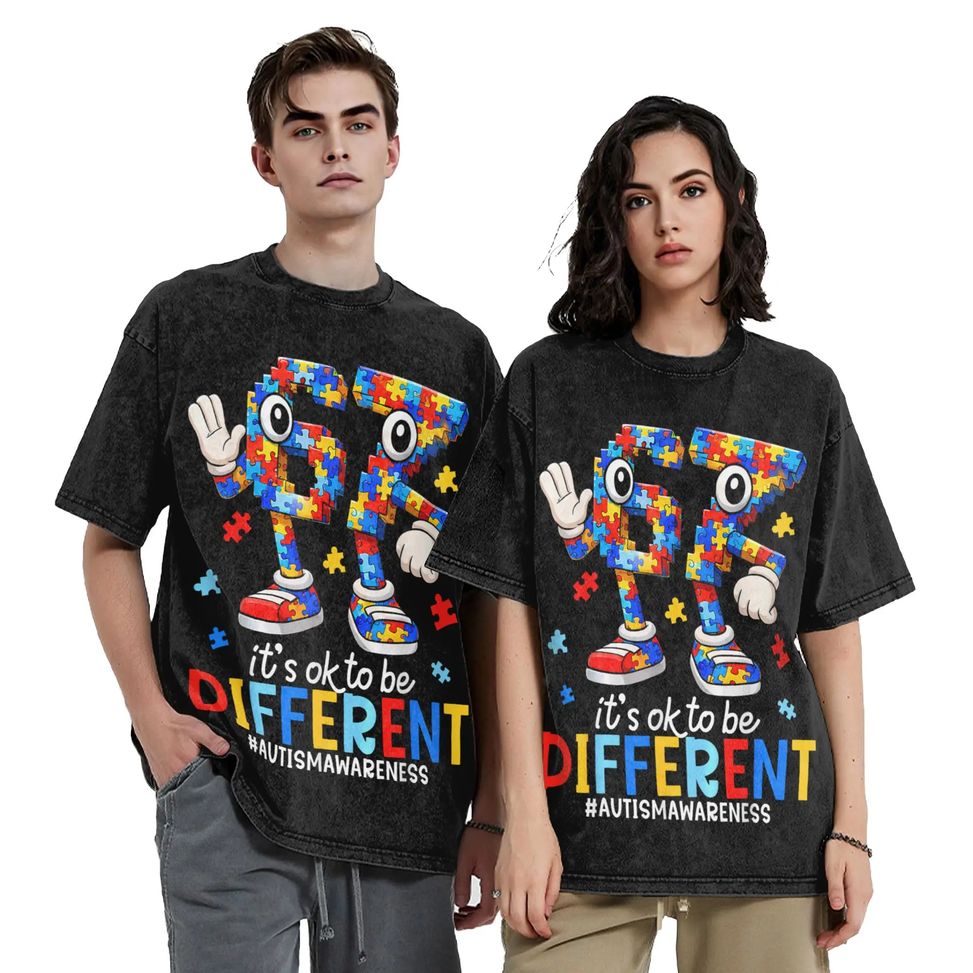 67 Autism Awareness Six Seven It's Ok to Be Different Washed T Shirts Streetwear T-Shirts Tees for Men Women Short Sleeve