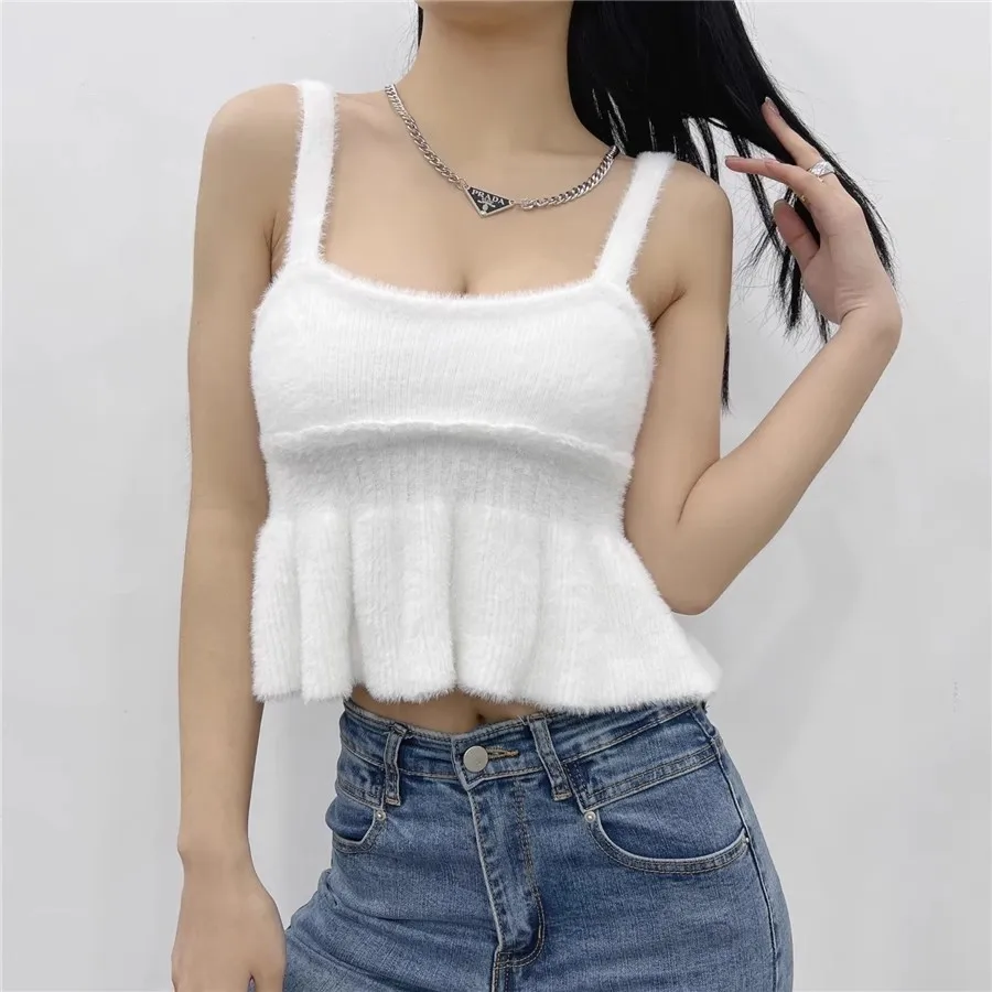 Sexy Tanks Women Ruffles Slim Summer Hotsweet 5 Colors Basics Knitwear Stretchy Unique Elegant High Street Hipster Minimalist