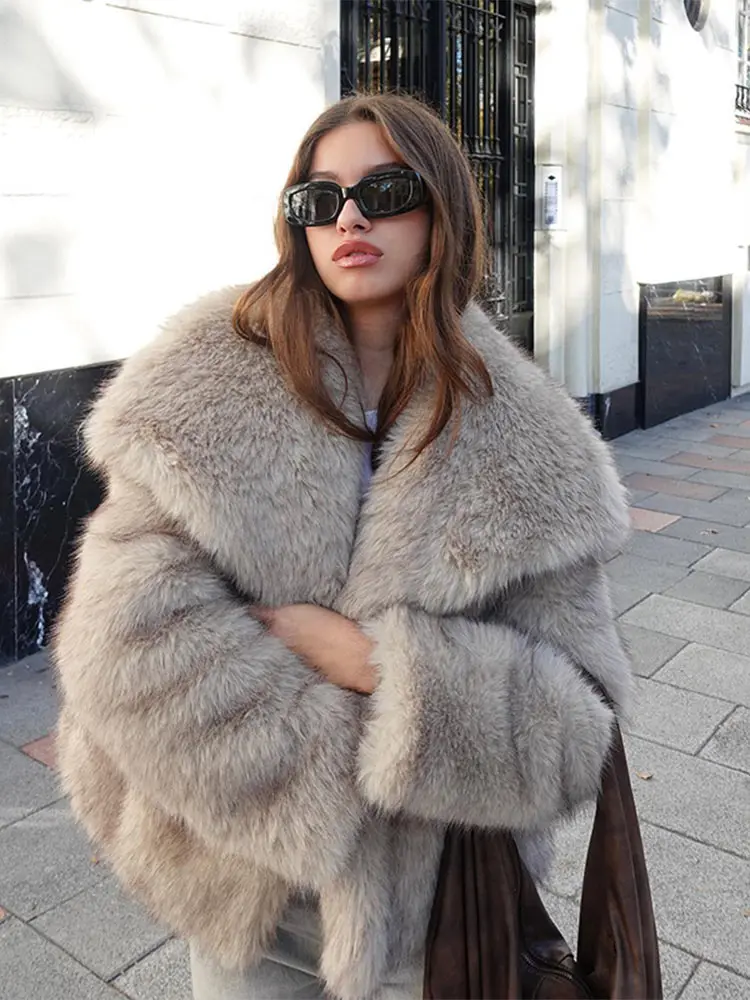 Fashion Solid Lapel Faux Fur Thermal Coat For Women Elegant Fluffy Long Sleeves Winter Warm Jacket 2024 New Female Thick Outwear