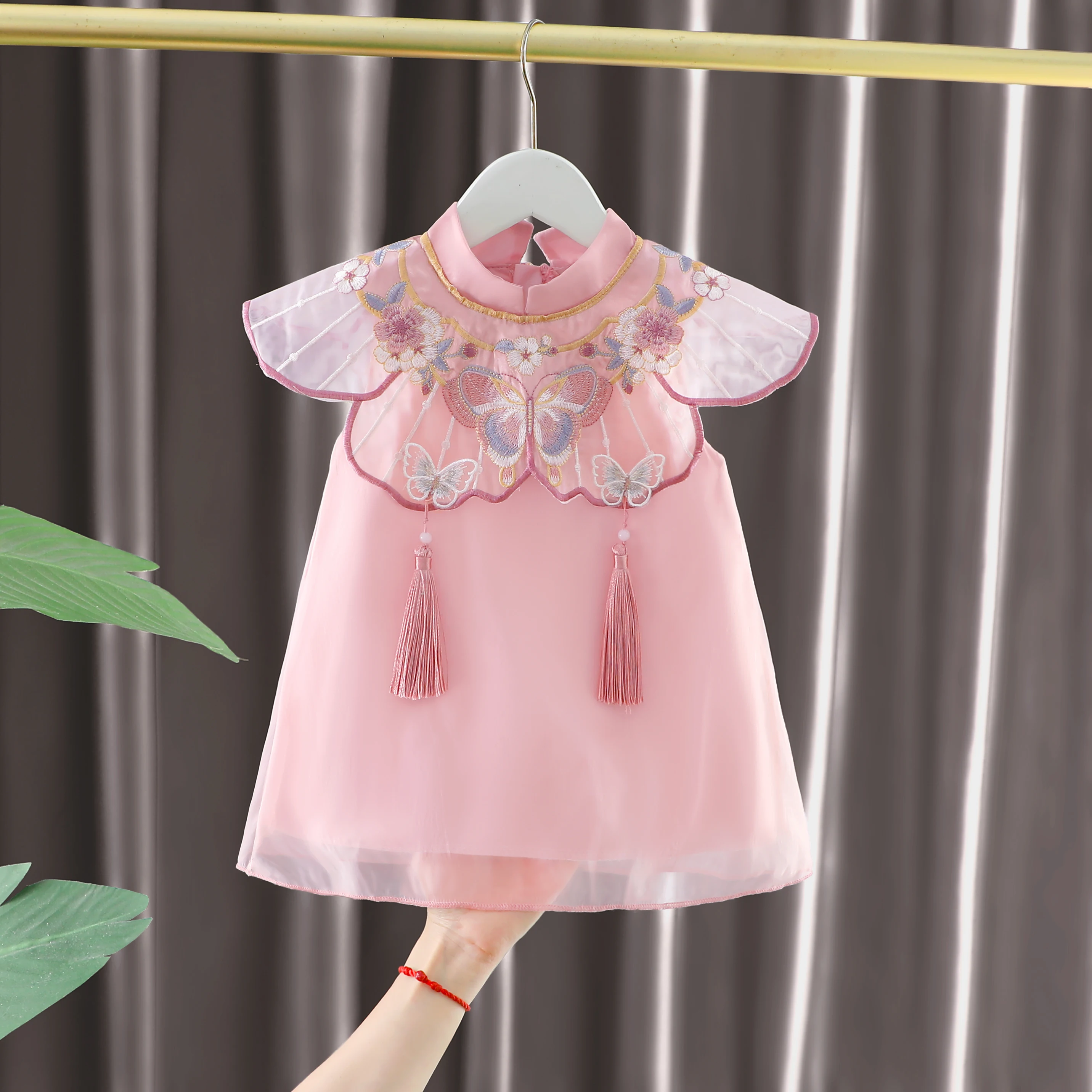 Baby girl clothing 2024 summer sweet round neck sleeveless embroidered dress bow pearl princess skirt 1-5Y