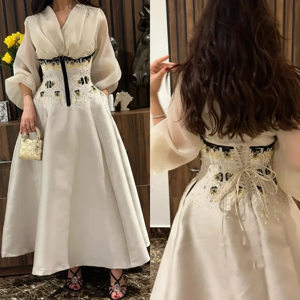 Personalizado cetim applique drapeado festa de casamento a linha com decote em v vestido de ocasião sob medida vestidos de manga longa arábia saudita