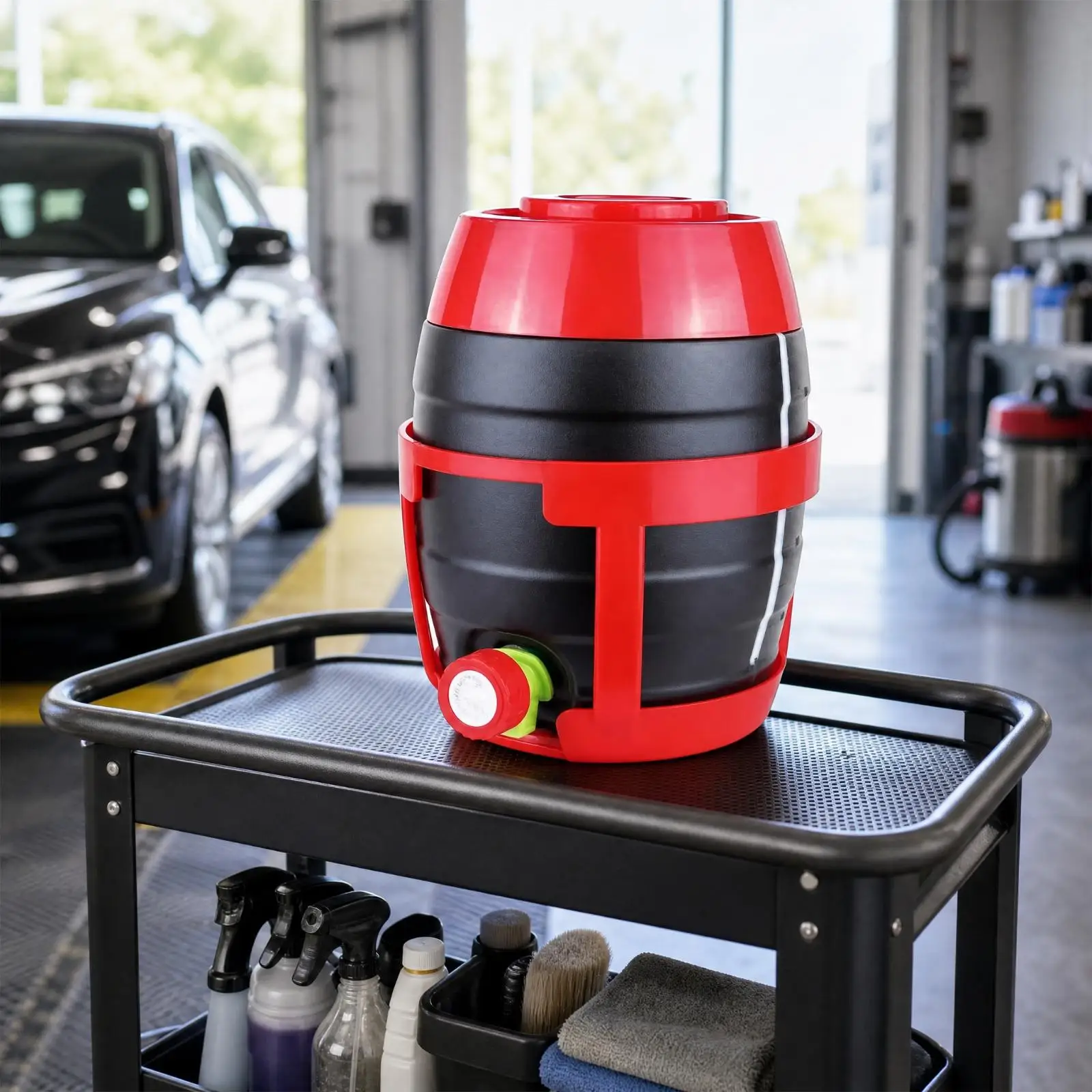 Vehicle Wash Solution Dispensing Pail with Shutoff Spout for Field Use