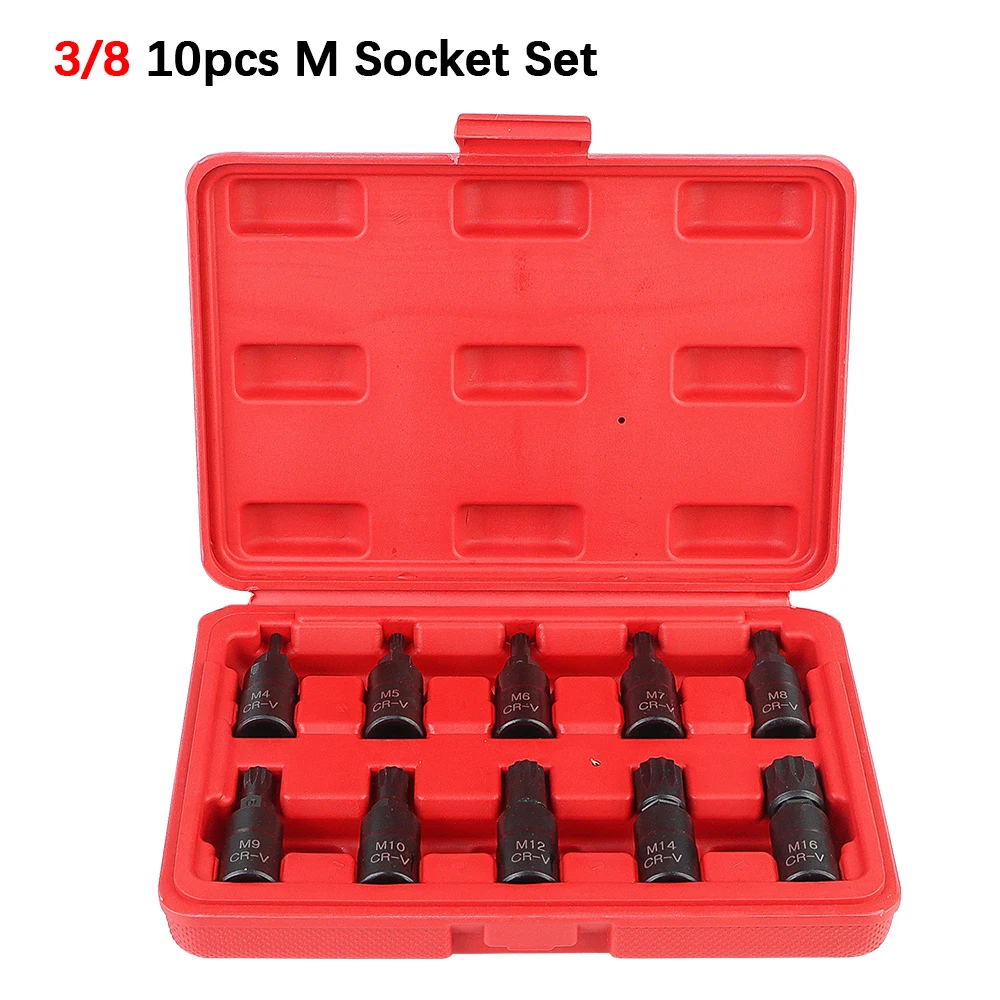 10pcs Auto Accessories 3/8 Inch Drive M4-M16 12 Point Torx Bit Socket Set Premium Cr-Mo Steel for Car Socket Wrench Tool