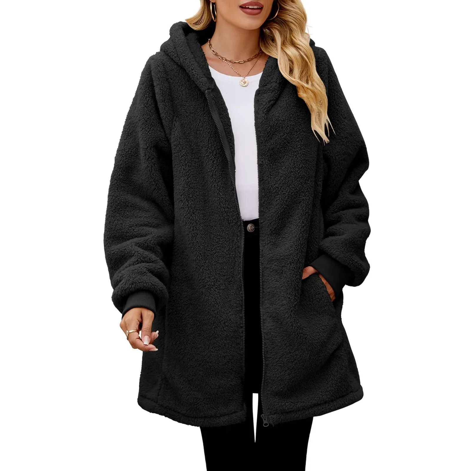 Casaco de lã de manga comprida feminino com capuz, jaqueta monocromática, suéter casual de lapela, elegante solto diário oversize, outono, inverno, novo