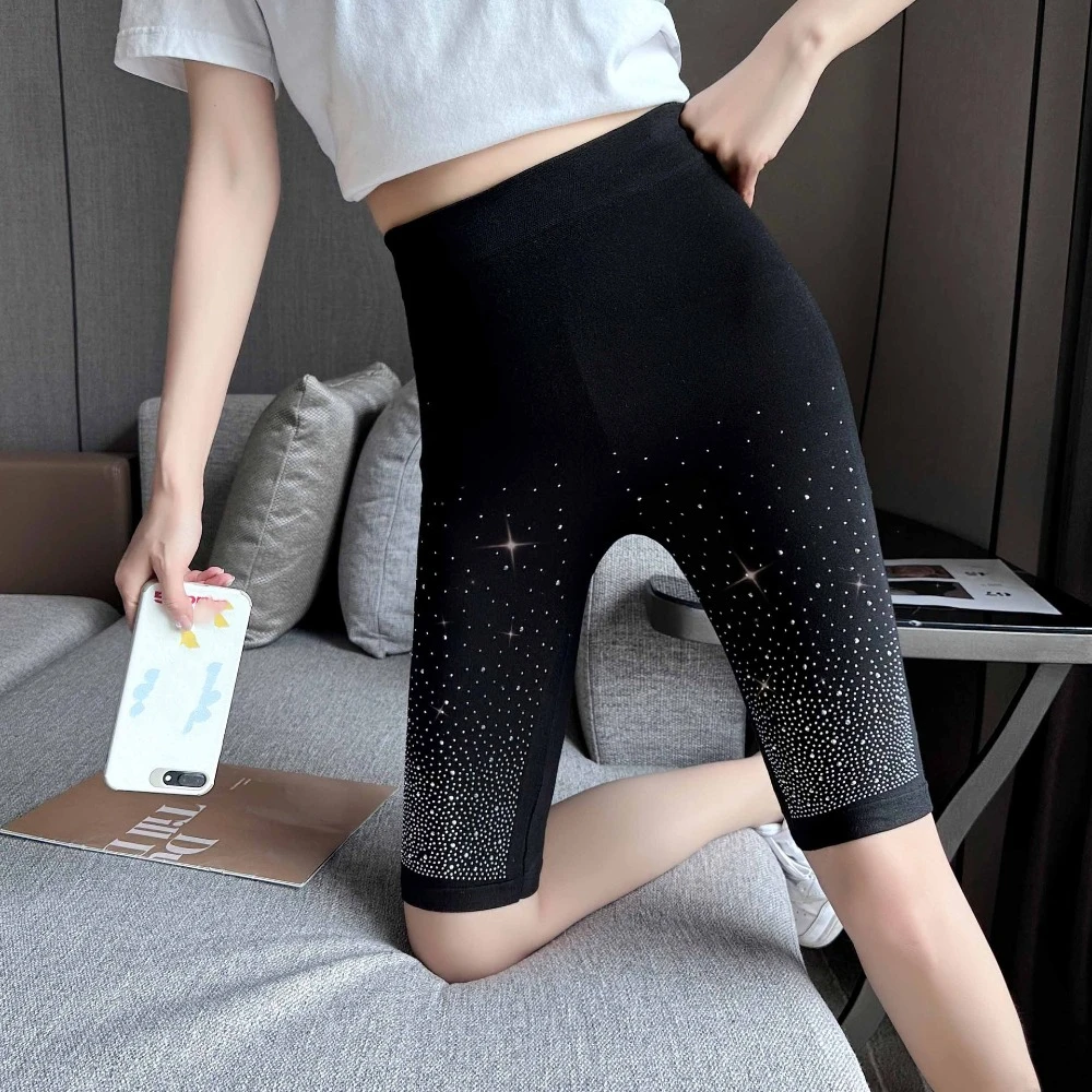 Black Women Rhinestone Leggings Knee Length Tights High Waist Yoga Shorts Streetwear Abdominal Tightening Hip Lift Shorts Pants