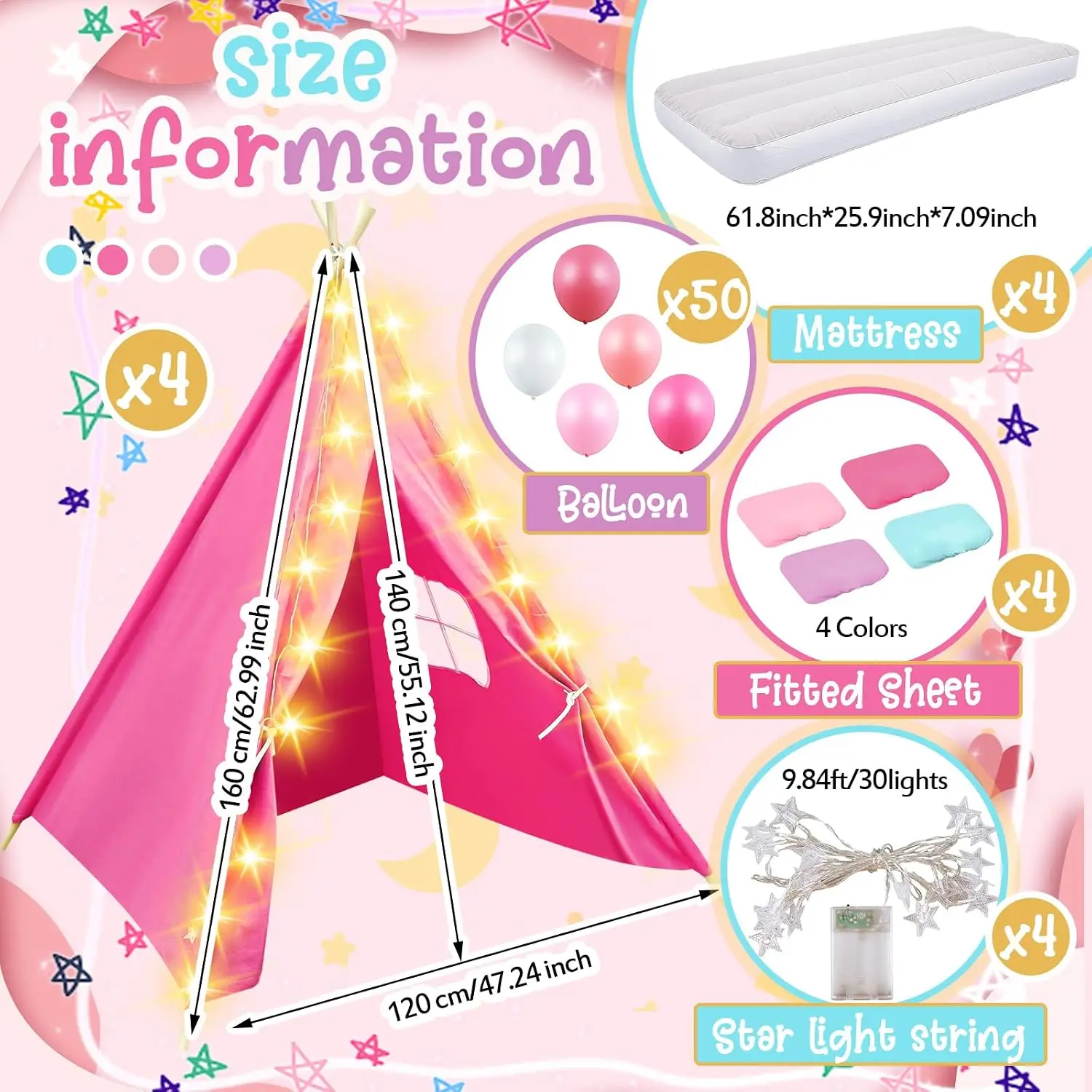 4 Pack Kids Teepee Tent Sleepover Set with Air Mattresses, Fitted Sheets, Star Lights and Balloons, Indoor Slumber Party Tent Ki