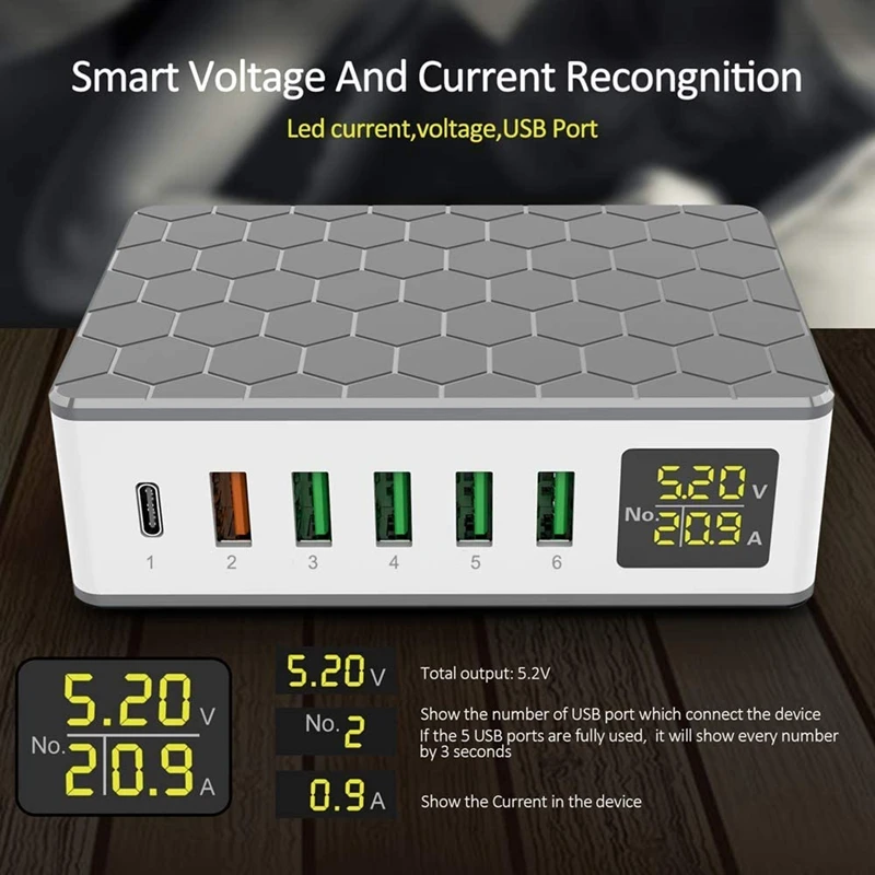 Multiple Port USB Charging Station Charger With 20W PD 2.0 Type-C USB Charger+QC3.0 Fast Charger,6-Port Charger,EU Plug image 5
