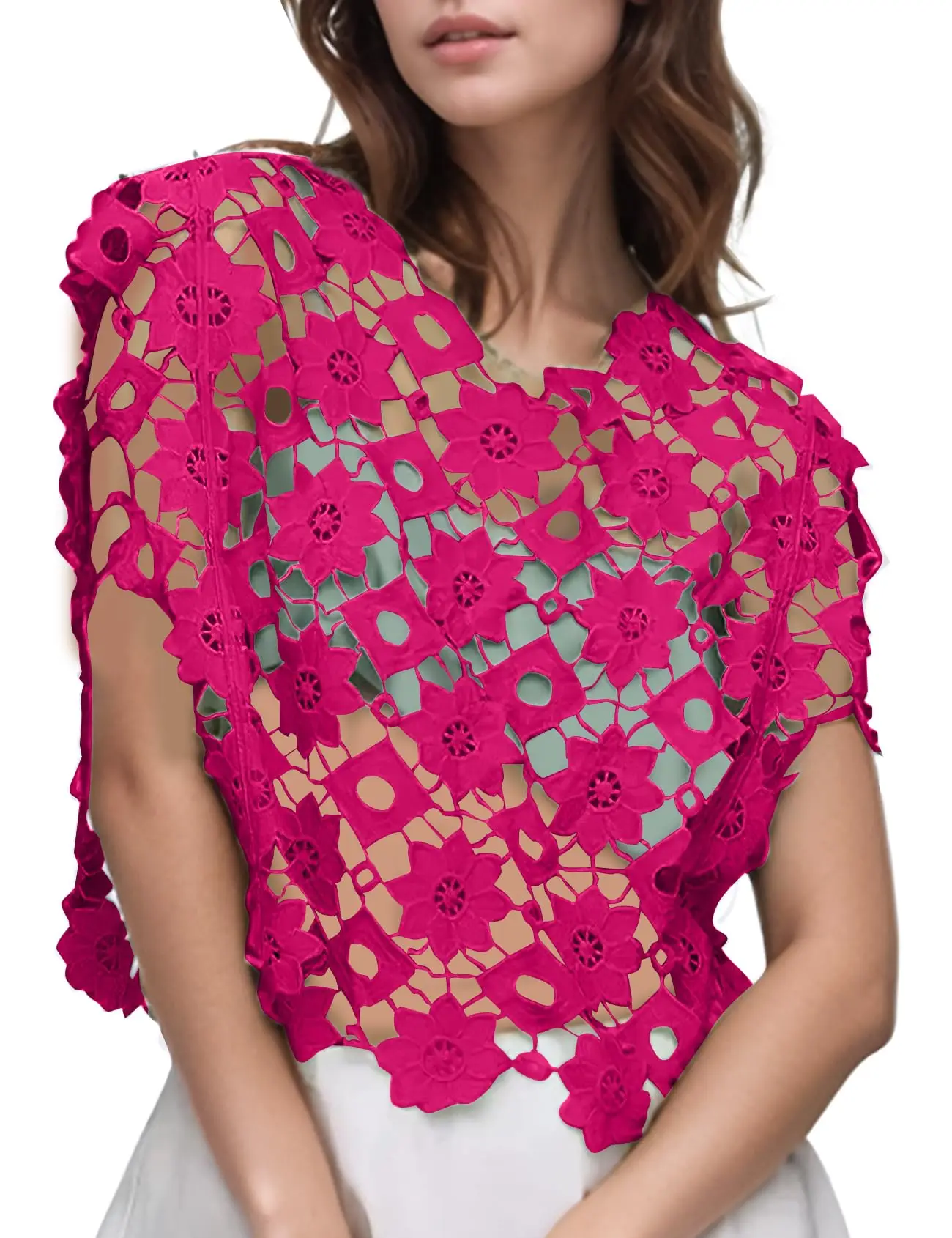 

Fashion Commuter Lace Perspective T-Shirt 2025 Spring and Summer Solid Color Hollow Women's Design Sense Top
