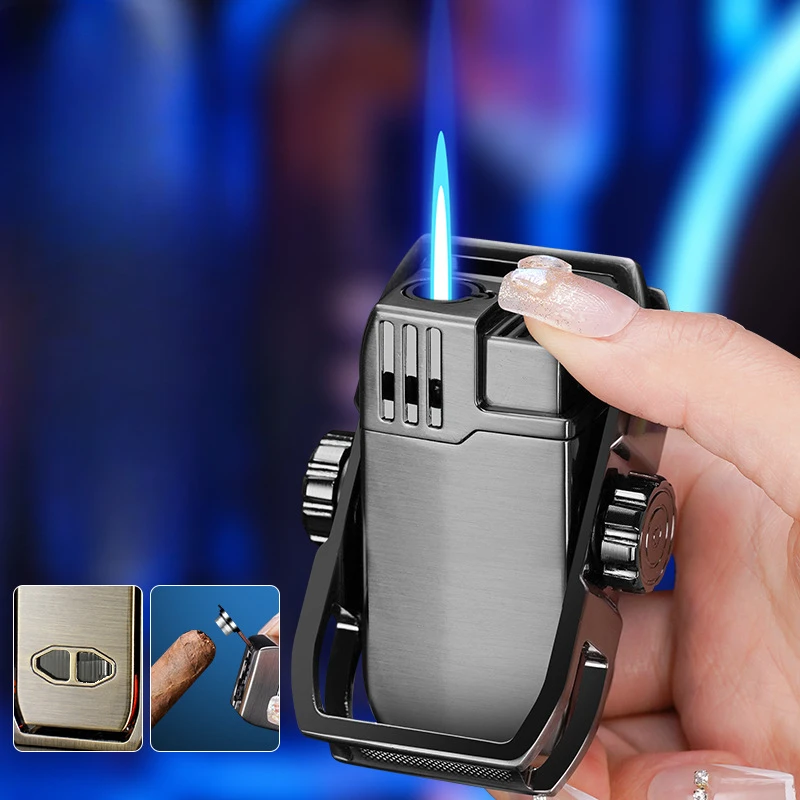 Hot Sales Fingertip Gyro Decompression Lighter Windproof Blue Flame Visible Gas Window Bottom Cigar Cutter Design Cigar Rest