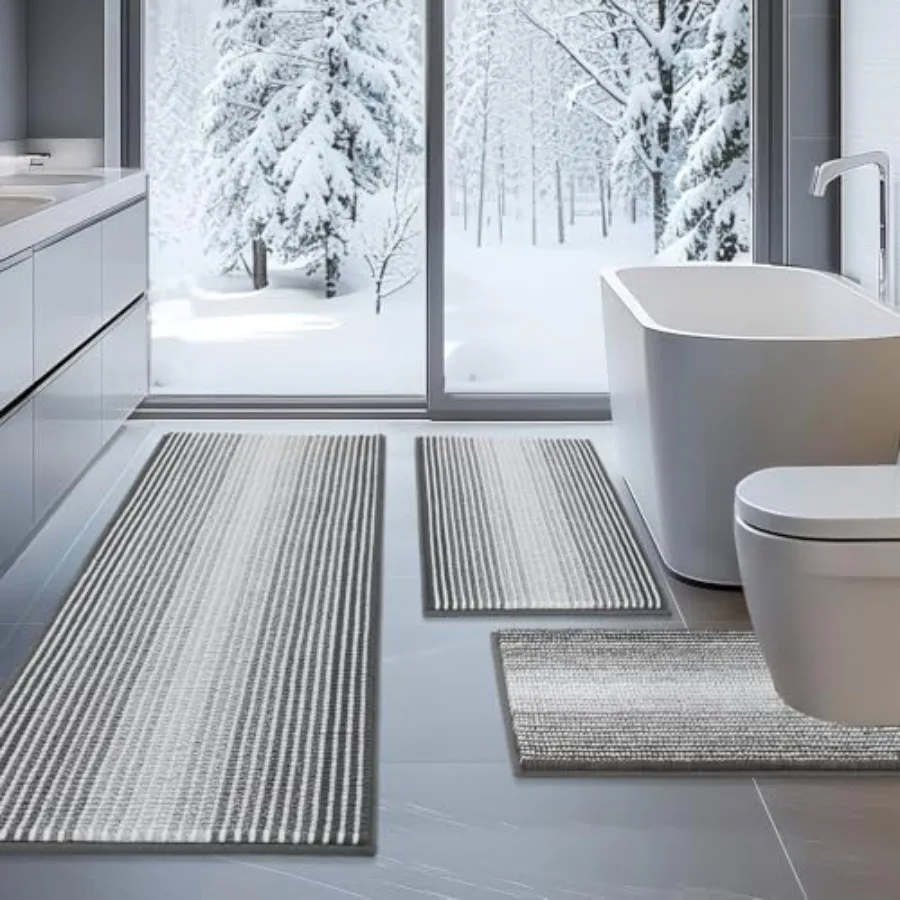 

Bathroom Rugs Sets 3 Pcs Toilet Rugs U-Shaped Contour Bath Mat Set Long Striped Absorbent Non Slip Chenille Shower Mat Gray