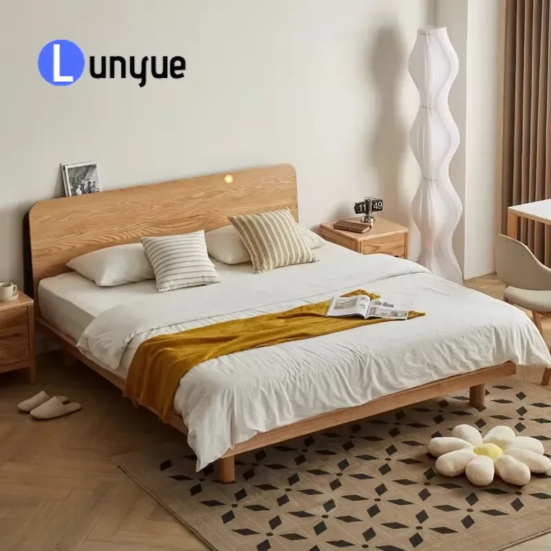 Nordic Modern Luxury Retro Solid Oak Bed with Phone Charging Eco Friendly Elegant Bedroom Furniture Factory Direct Wholesale