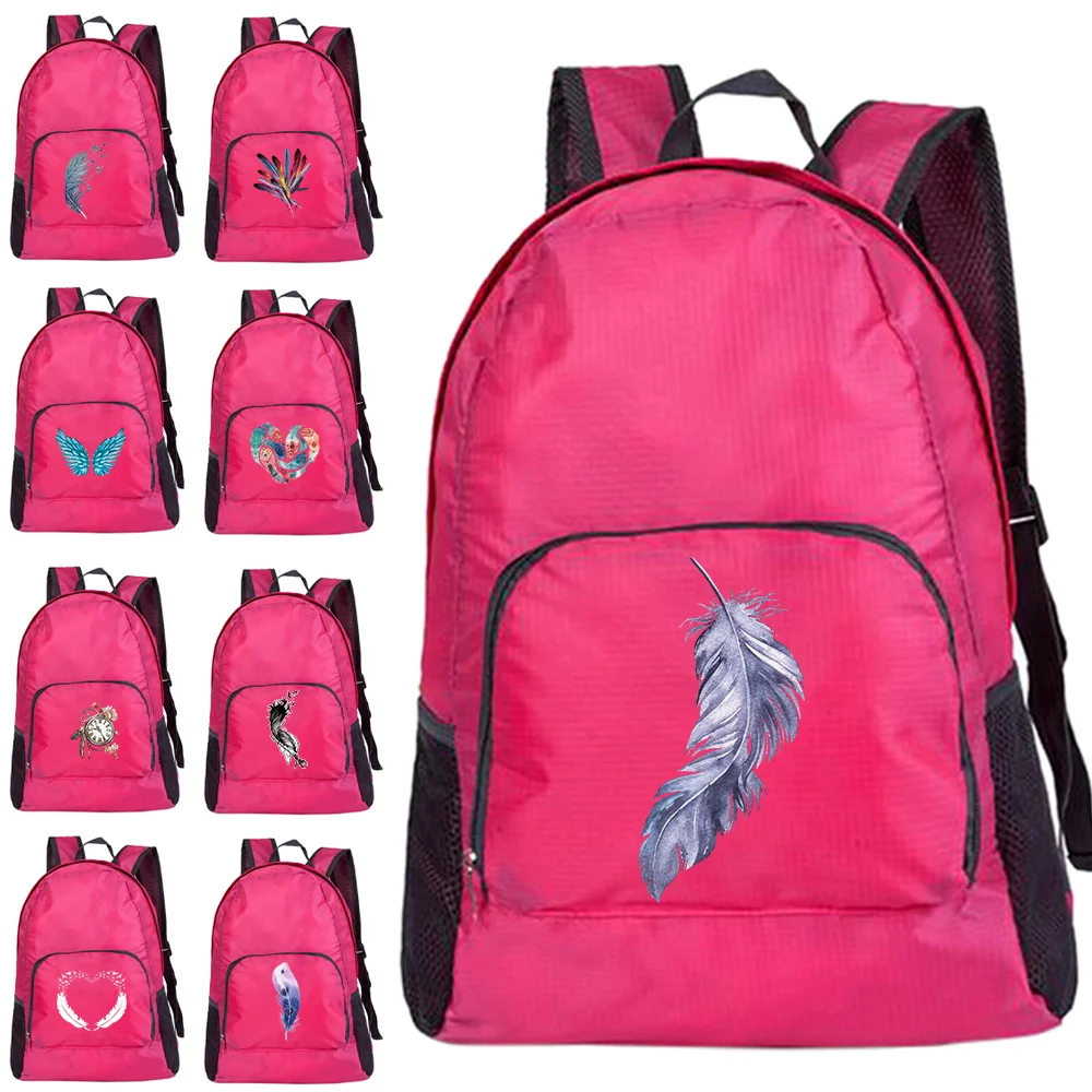 

Folding Eco-friendly Backpacks Feather Printing Series Large Capacity Mountaineering Bag Portable Leisure Men Women Sport Bags