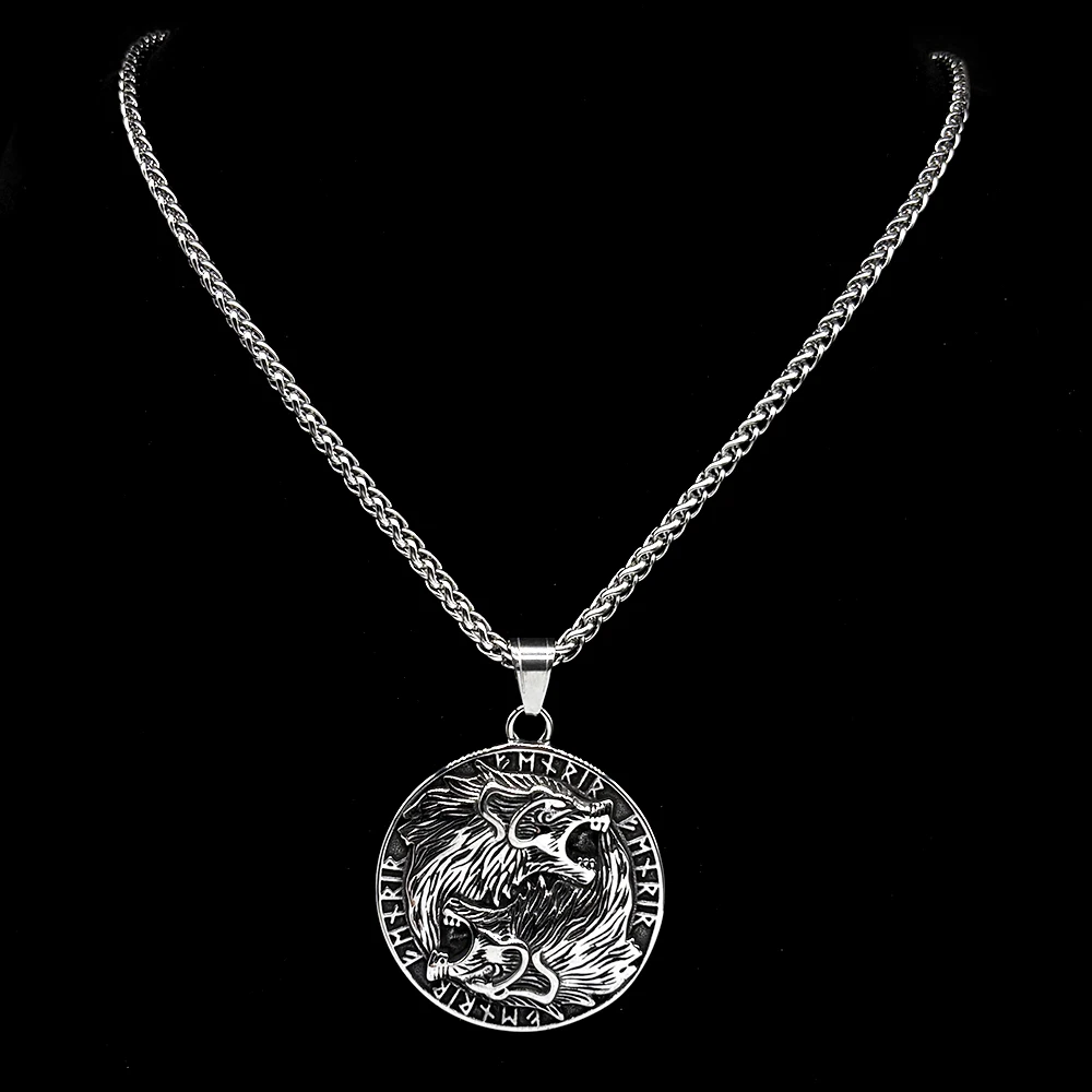 Nordische Mythische Doppel-Wolf-Rune-Kette für Damen und Herren, Edelstahl, Schwarz, Retro, Okkultismus, Herrenhalskette, Schmuckgeschenke – Detail 5