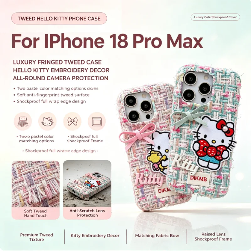 Sanrio Original Tweed Hello Kitty Embroidery Case For iPhone 18 Pro Max 17 16 15 14 Plus Fabric Bow Raised Lens Shockproof Cover