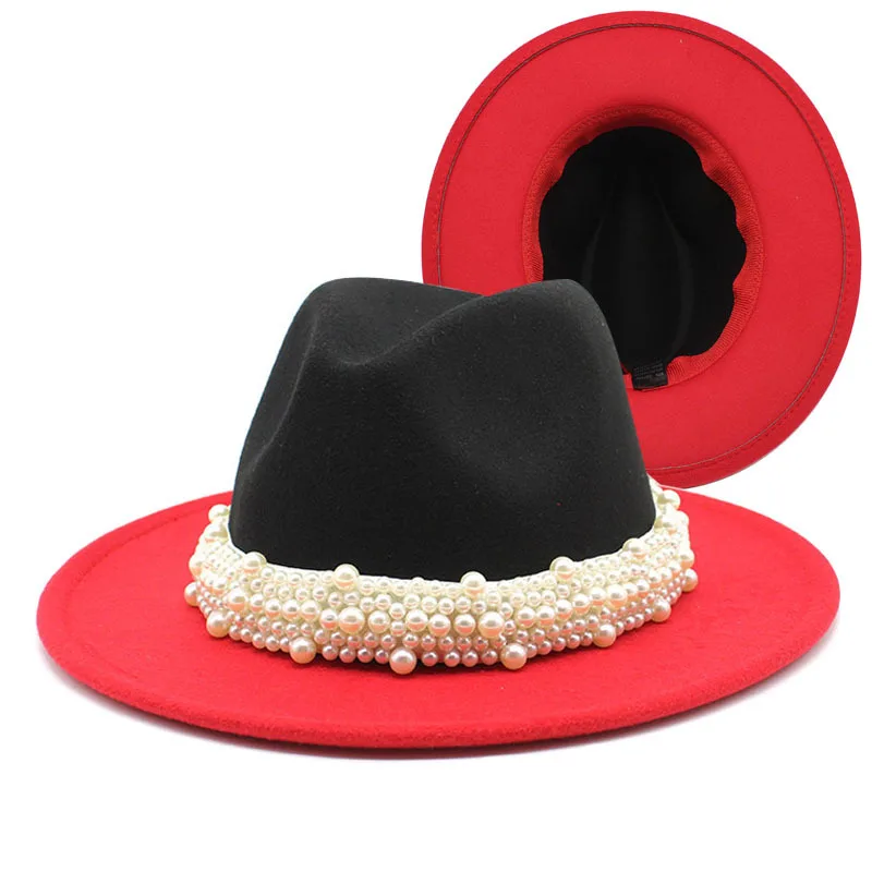 2022 New Two-tone Woolen Hat Women's Pearl Ribbon Accessories Double-sided Color Matching Fedora Hat Wedding Felt Cap