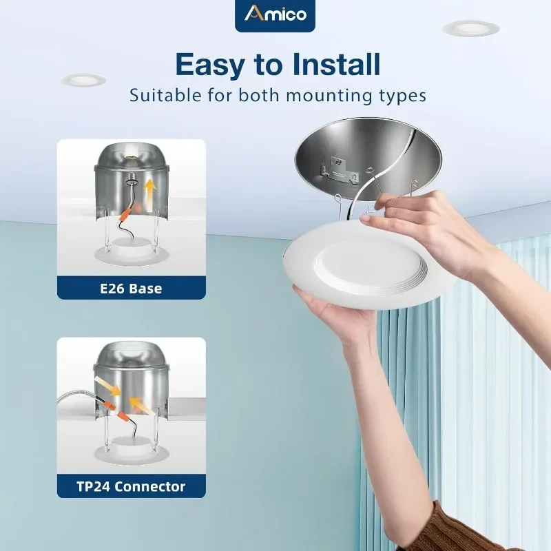 24 عبوة من إضاءة LED 5/6 بوصة 5CCT، قابلة للتعتيم، 12.5 واط = 100 واط، 950LM، 2700 كيلو/3000 كيلو/4000 كيلو/5000 كيلو/6000 كيلو قابلة للاختيار