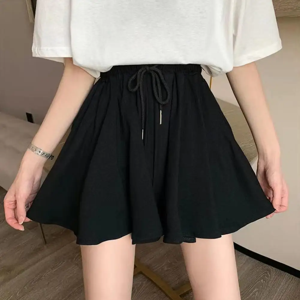 Summer Shorts Skirts Women Elastic High Waist Casual Wide Pipes Short Pants Korean One Line Loose Mini Skirt Black Short Pants